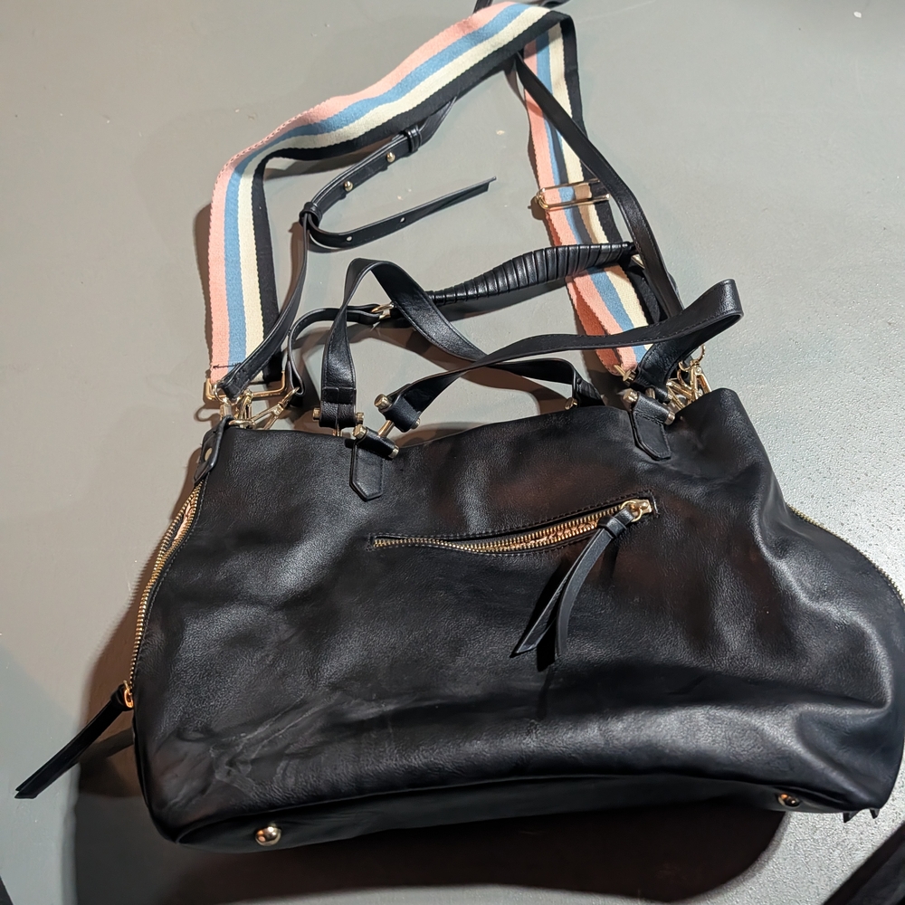 INC International Concepts Black Leather Shoulder Bag with Multicolor Strap